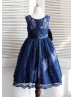 Navy Blue Lace Big Bow Knee Length Flower Girl Dress Navy Blue Lace Big Bow Knee Length Flower Girl Dress